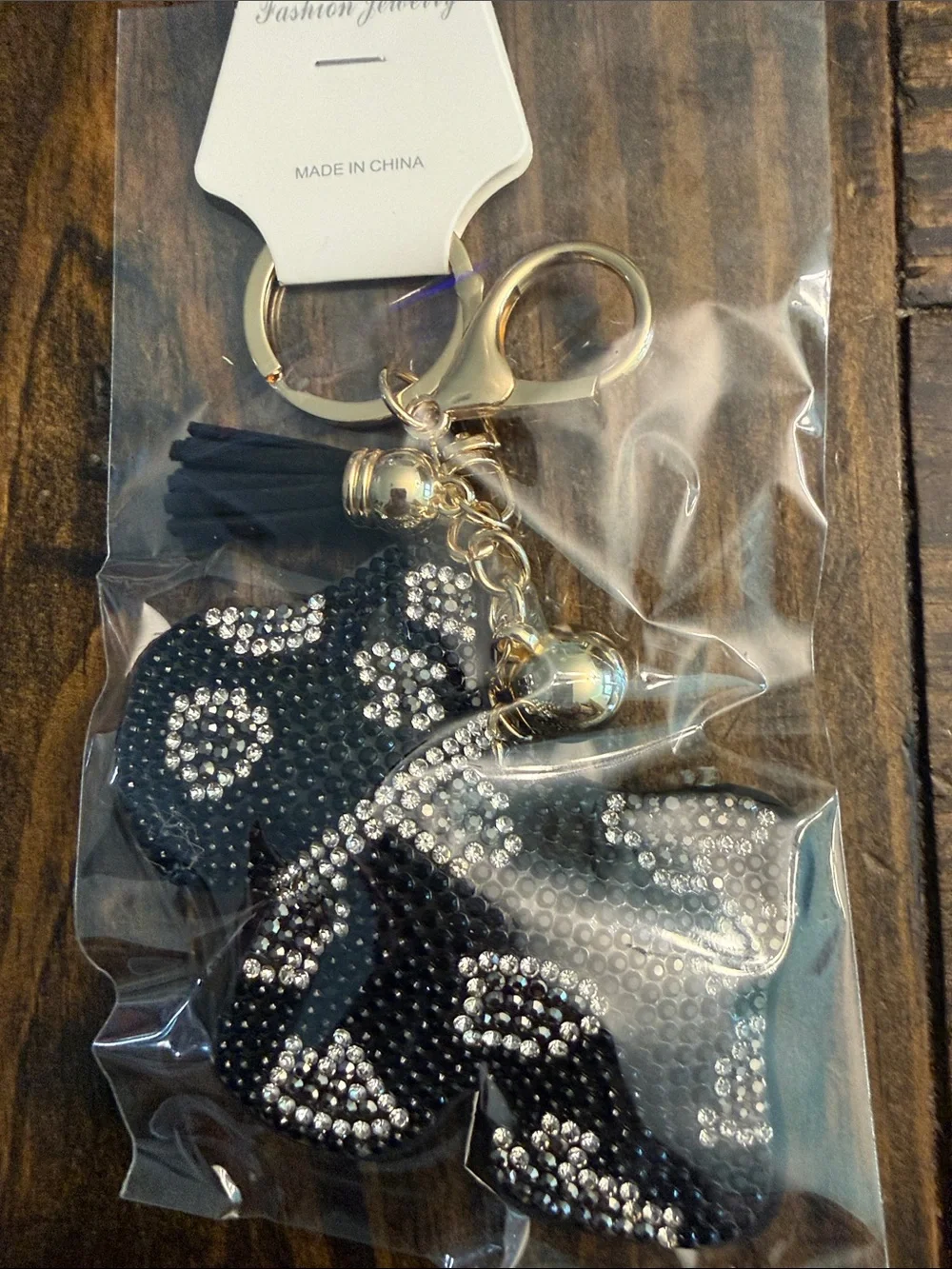 Fashion Jewelry Gold-tone Rhinestone Black and Crystal Dog Keychain Charm